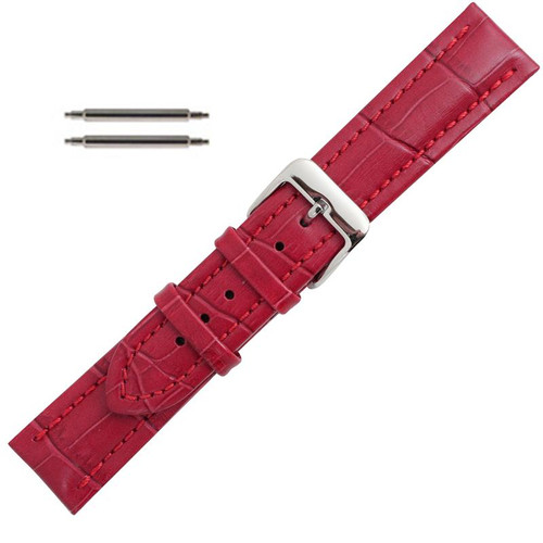 Red Leather Watch Band 20mm Padded Alligator Grain Stitched 7 5/16 Inch Length