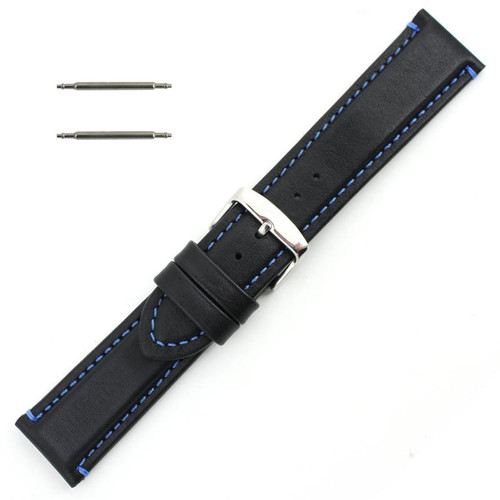 Waterproof Leather Watch Band 20mm Black With Blue Stitching 7 7/16 Inch Length