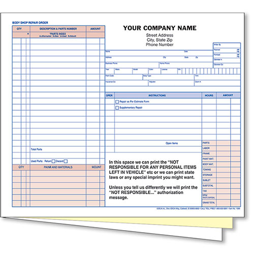 3-Part NCR Auto Body Repair Order - Pack 250