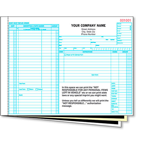 3-Part Carbon Auto Body Repair Order Form - Pack 250