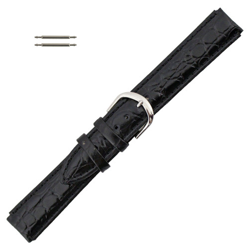 12mm Notched Black Leather Crocodile Grain Watch Band 6 1/2 Inch Length