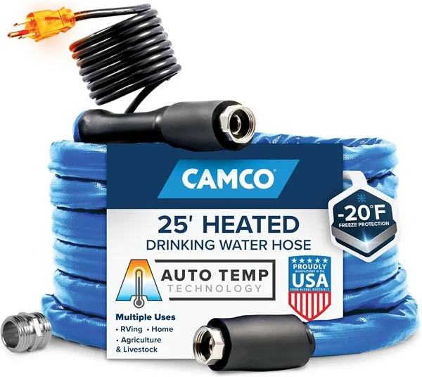 Camco 22911 TastePURE 25 ft Heated RV Drinking Water Hose, 5/8″ ID, -20°F Rated
