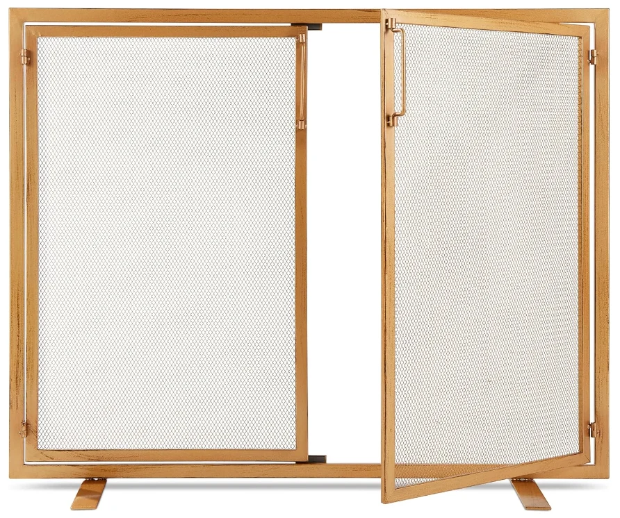 38.5 x 31in 2-Door Fireplace Screen, Handcrafted Wrought Iron Decorative Mesh Geometric Fire Spark Guard w/Magnetic Panels – Gold