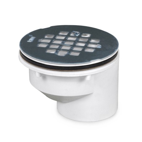 2" Hub, Offset PVC Shower Module Drain (Solvent Weld) w/ Snap-in Strainer, Receptor Base