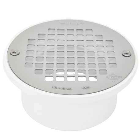 Low-Profile (Short) PVC Floor Drain w/ Round St. Steel Strainer, 3" Hub x 4" Inside Fit