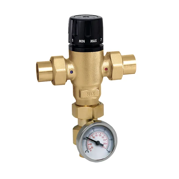 Caleffi 521519A MixCal™ 3-Way Thermostatic Mixing Valve w/ Temperature Gauge, 3/4″ Sweat