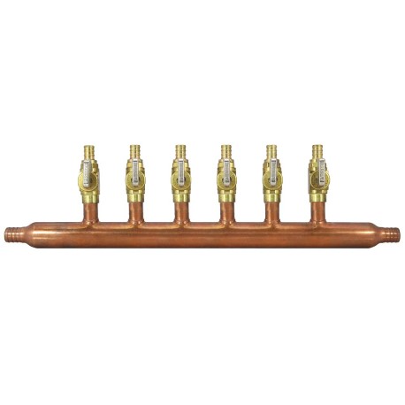 6-port Copper Manifold with 1/2" PEX Valves, 3/4" PEX x Open