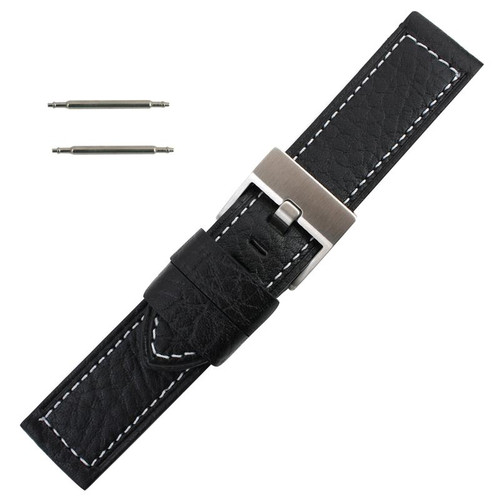 Black Leather Watch Band 22mm Thicker With White Stitching 7 3/4 Inch Length