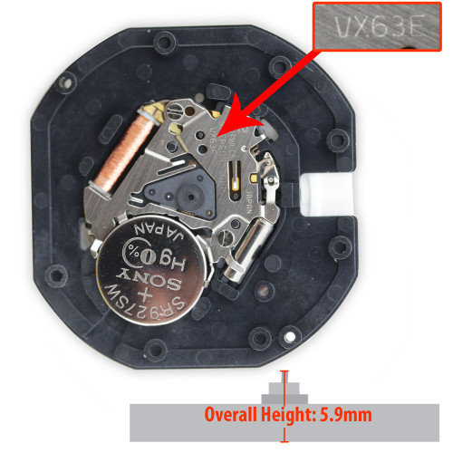 Epson Japan 3 Hand Quartz Watch Movement VX63 Day And Date At 3:00 Overall Height 5.9mm