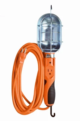 Trouble Work Light With Metal Guard & Outlet, 75-watts, 25 Ft. Orange