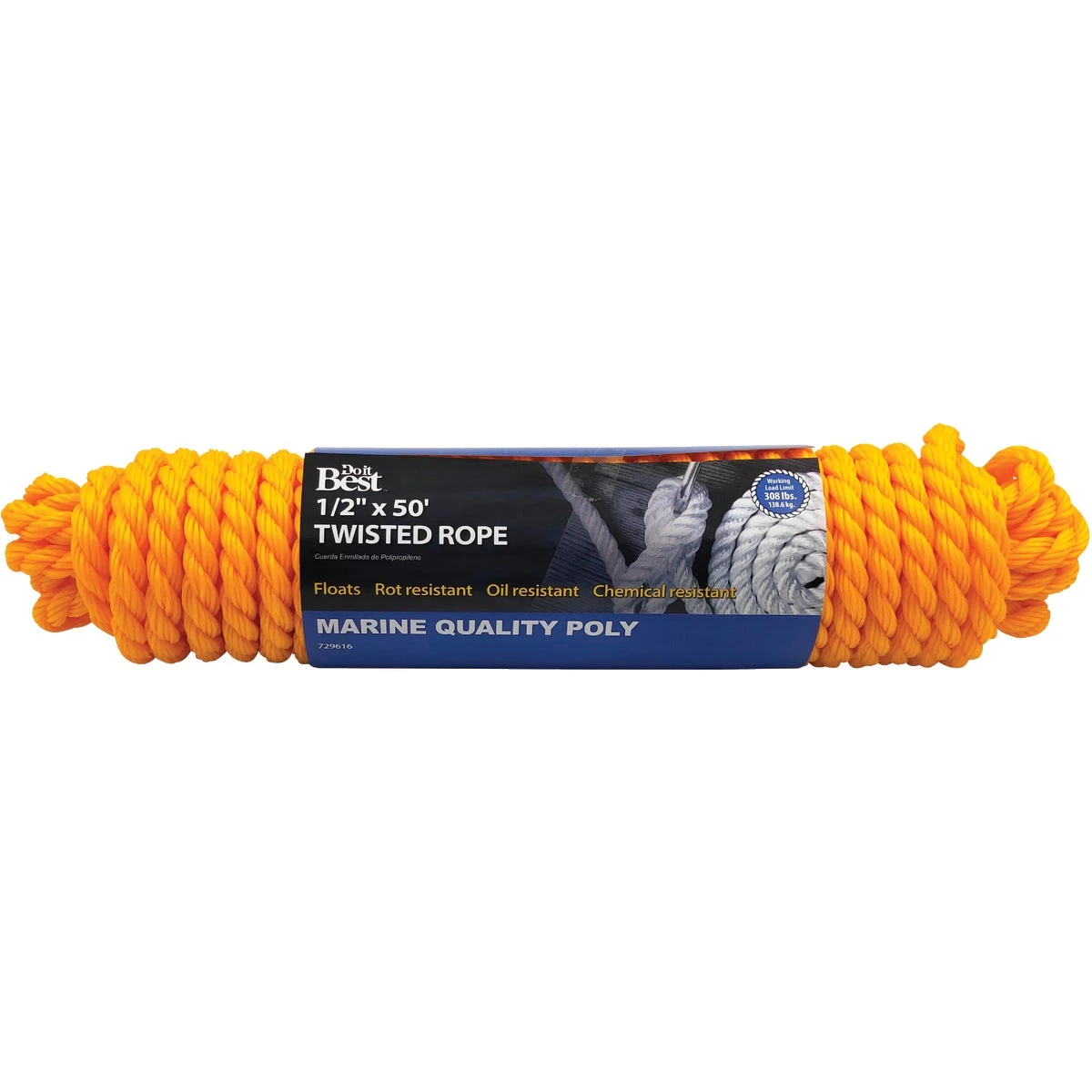 1/2 In. X 50 Ft. Yellow Twisted Polypropylene Rope - Marine Quality