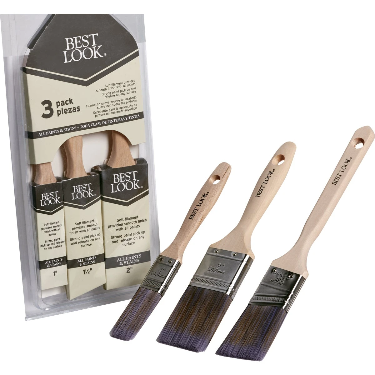 3-piece Polyester Paint Brush Set With Wood Handle And Stainless Steel Ferrule