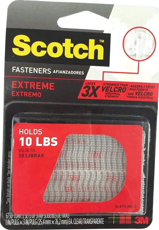 Extreme Fasteners Recloseable Strip, Clear, 1 X 3 In., 2-pr.