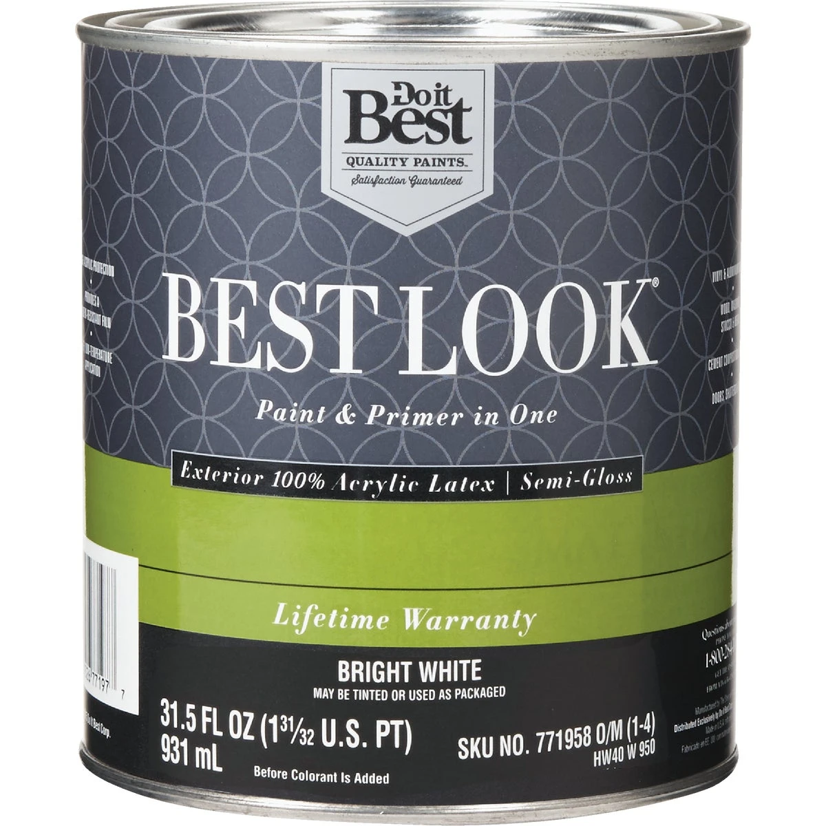 Best Look 100% Acrylic Latex Semi-gloss Exterior House Paint, Bright White, 1 Quart