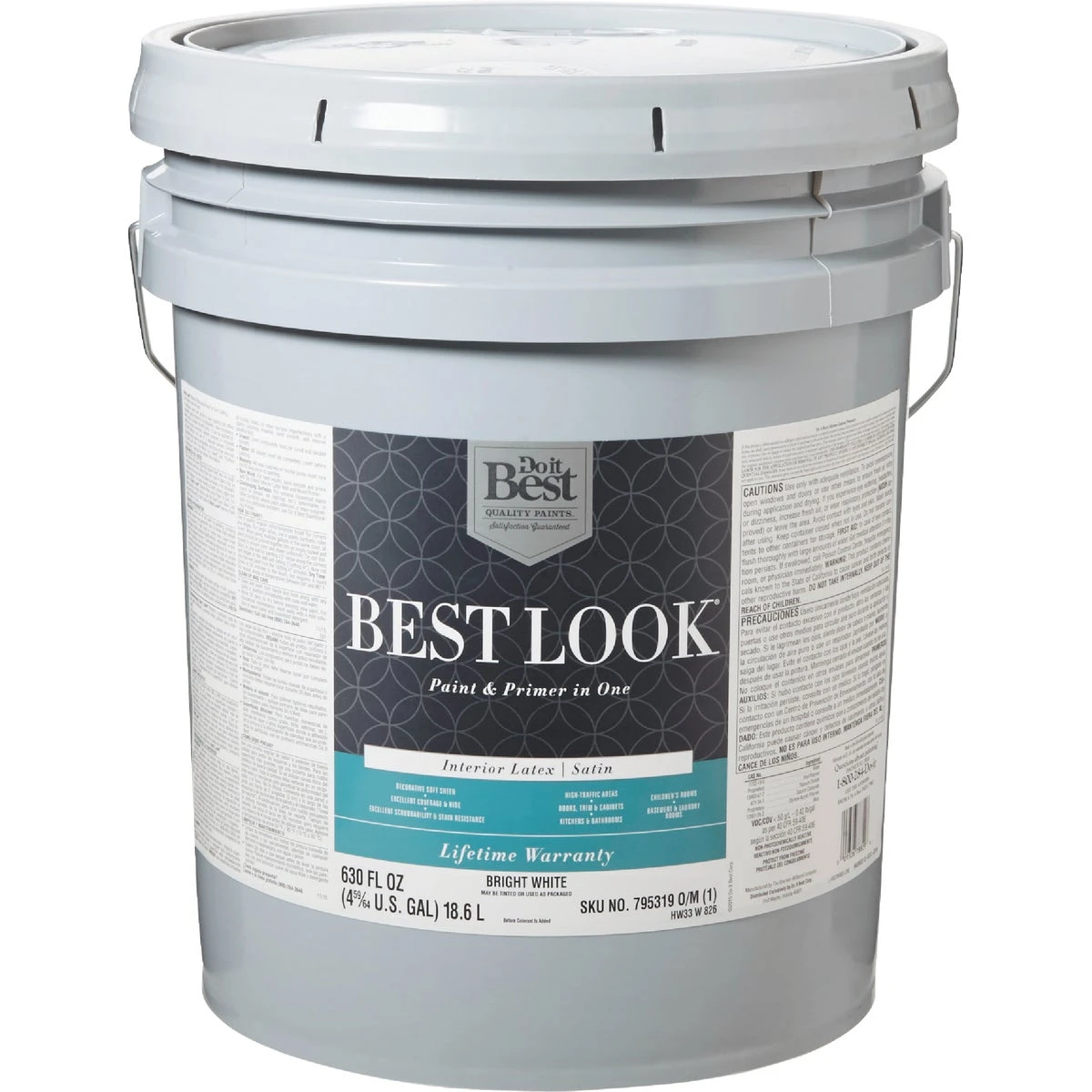 Best Look Latex Premium Paint & Primer In One Satin Interior Wall Paint, Bright White, 5 Gallon