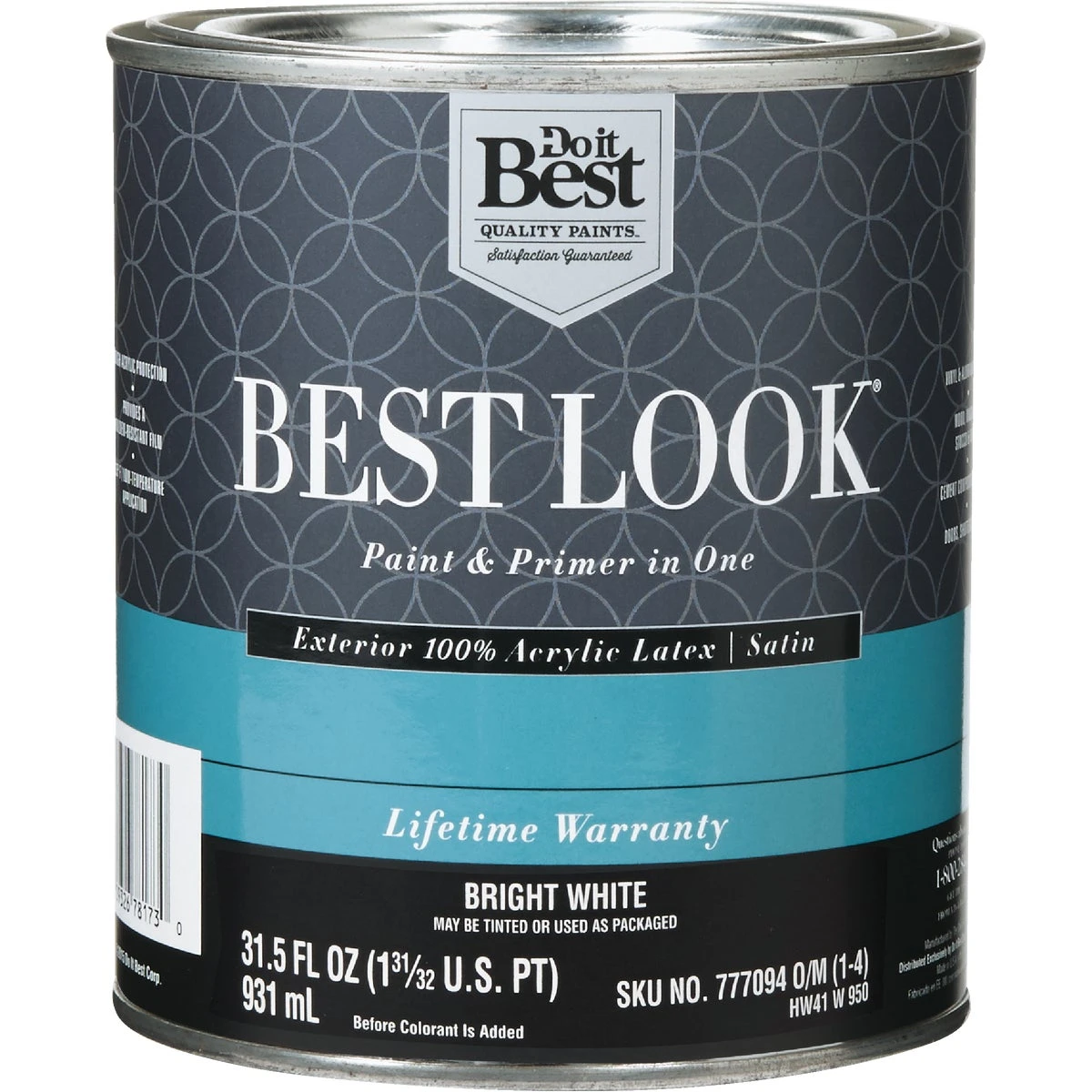 Best Look 100% Acrylic Latex Premium Satin Exterior Paint & Primer, Bright White, 1 Quart