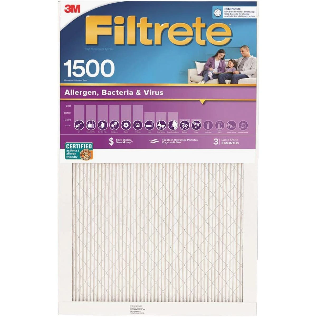 Allergen, Bacteria & Virus Air Filter, 1500 Mpr, 12 In. X 24 In. X 1 In.