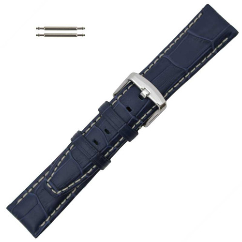 Navy Blue Alligator Grain 20mm Leather Watch Band with Contrast Stitching 7 1/2 Inch Length