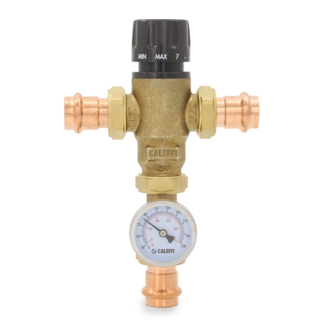 3/4" Press Union, MixCal Mixing Valve (Lead-Free) w/ Temperature Gauge, 85-150F