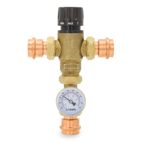 1" Press Union, MixCal Mixing Valve (Lead-Free) w/ Temperature Gauge, 85-150F