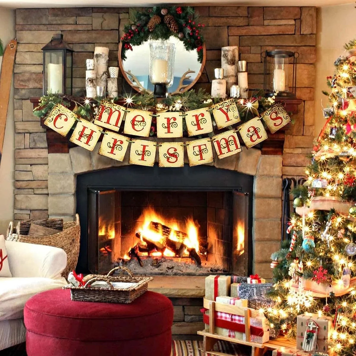 Christmas Decorations Vintage Merry Christmas Banner – Retro Fashioned Victorian Xmas Holiday Decor for Indoor Home Office Fireplace Mantel Decoration