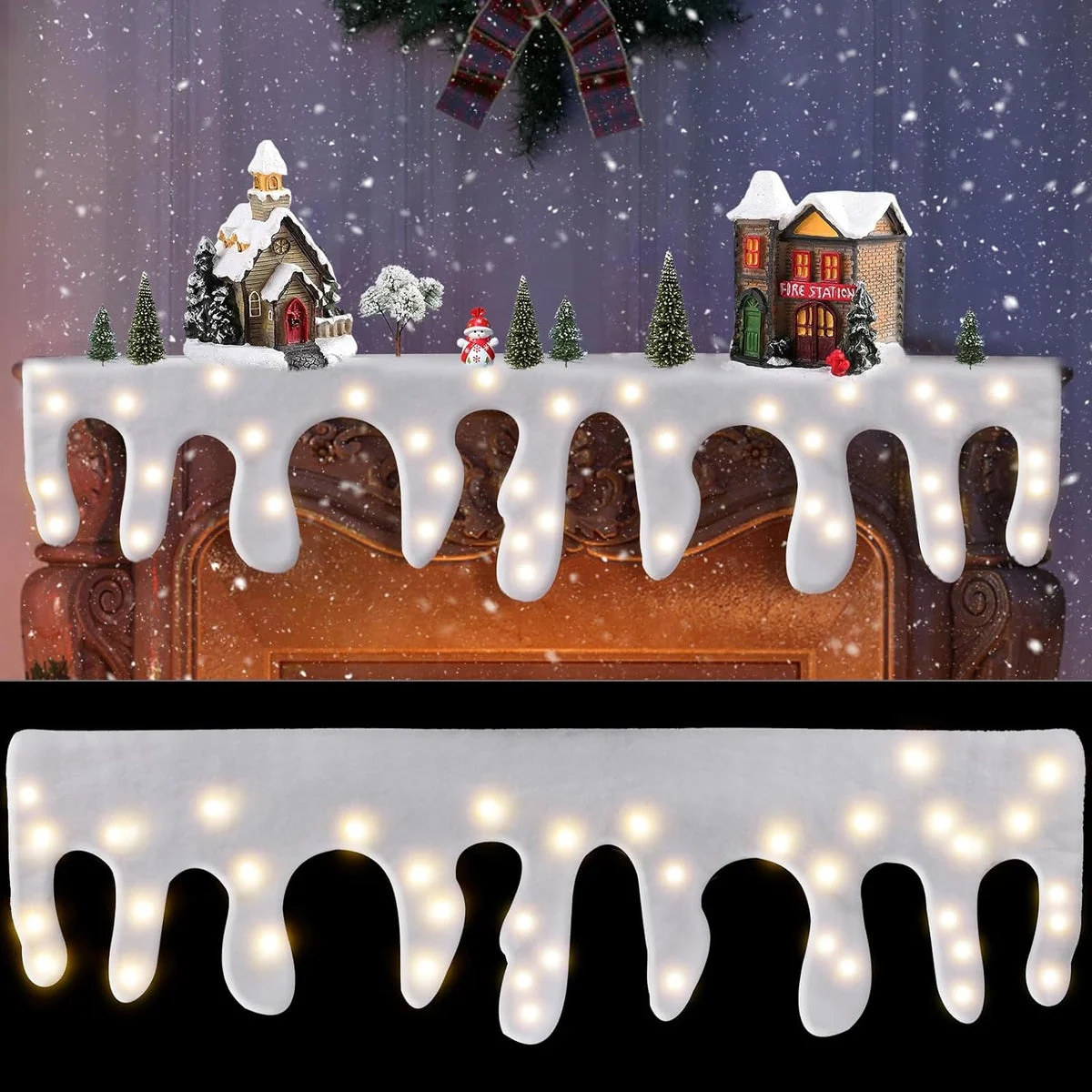 Christmas LED Fake Snow Blanket, Icicle Mantle Cover Battery Operated Artificial Snow Table Runner for Xmas Mantel Fireplace Decor, 59″ x 17″