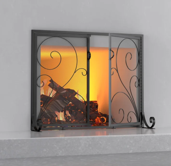 Fireplace Screen with Doors, Handcrafted Solid Steel, Heavy Duty Metal Mesh, Powder Coat Finish, Free Standing Spark Guard, 37.8″L x 30.7″W