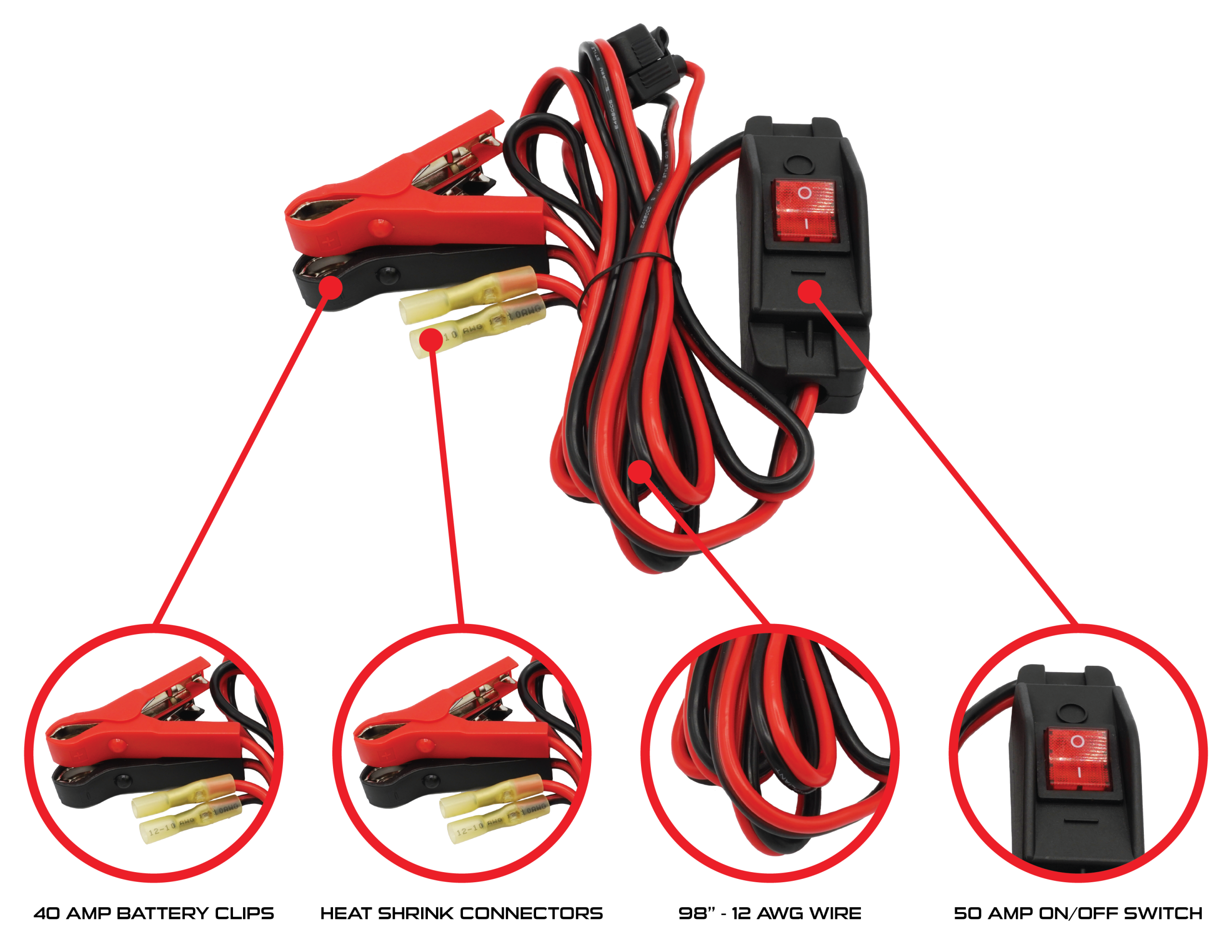 Remco 901-013-R Sprayer Pump Wire Harness Kit, 12 AWG, With 50 Amp On /Off Switch, 40 Amp Battery Clips, 98