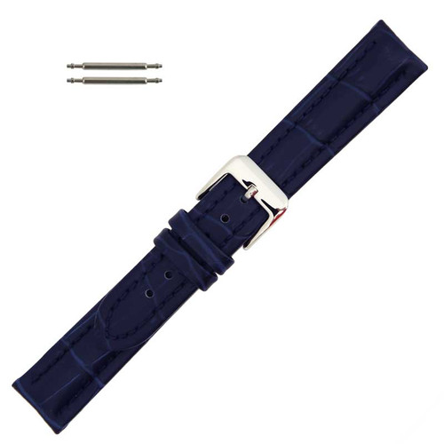 Navy Blue Leather Watch Band 18mm Padded Alligator Grain Stitched 8 Inch Length