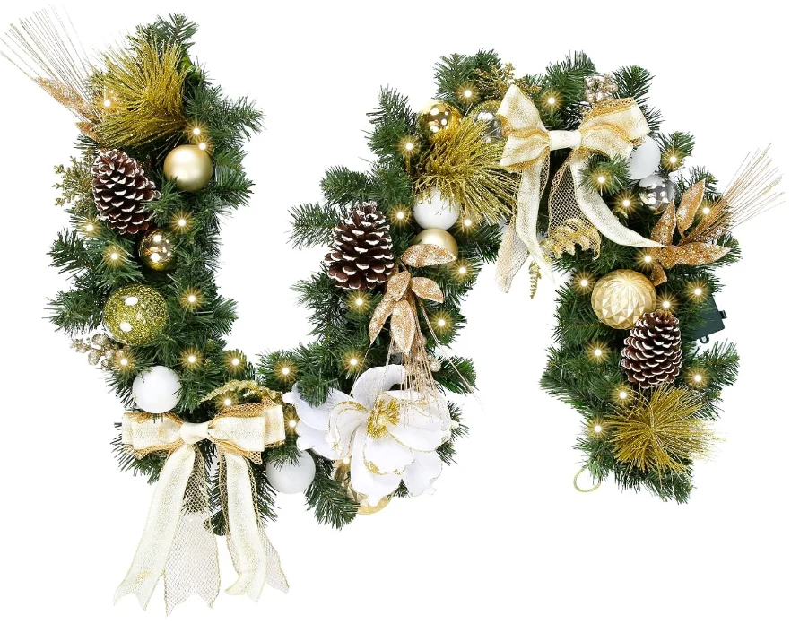 Pre-lit 6 Feet/72 Inch Christmas Garland, White & Gold Lighted with 35 LED Lights for Indoor Outdoor Fireplace Mantel Xmas Decor Holiday Decorations