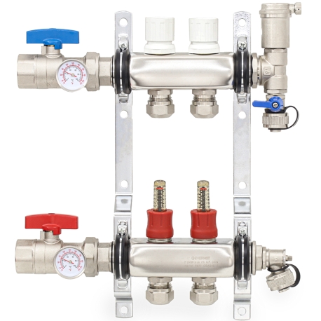2-branch Stainless Steel Radiant Heat Manifold Set w/ 1/2" PEX adapters