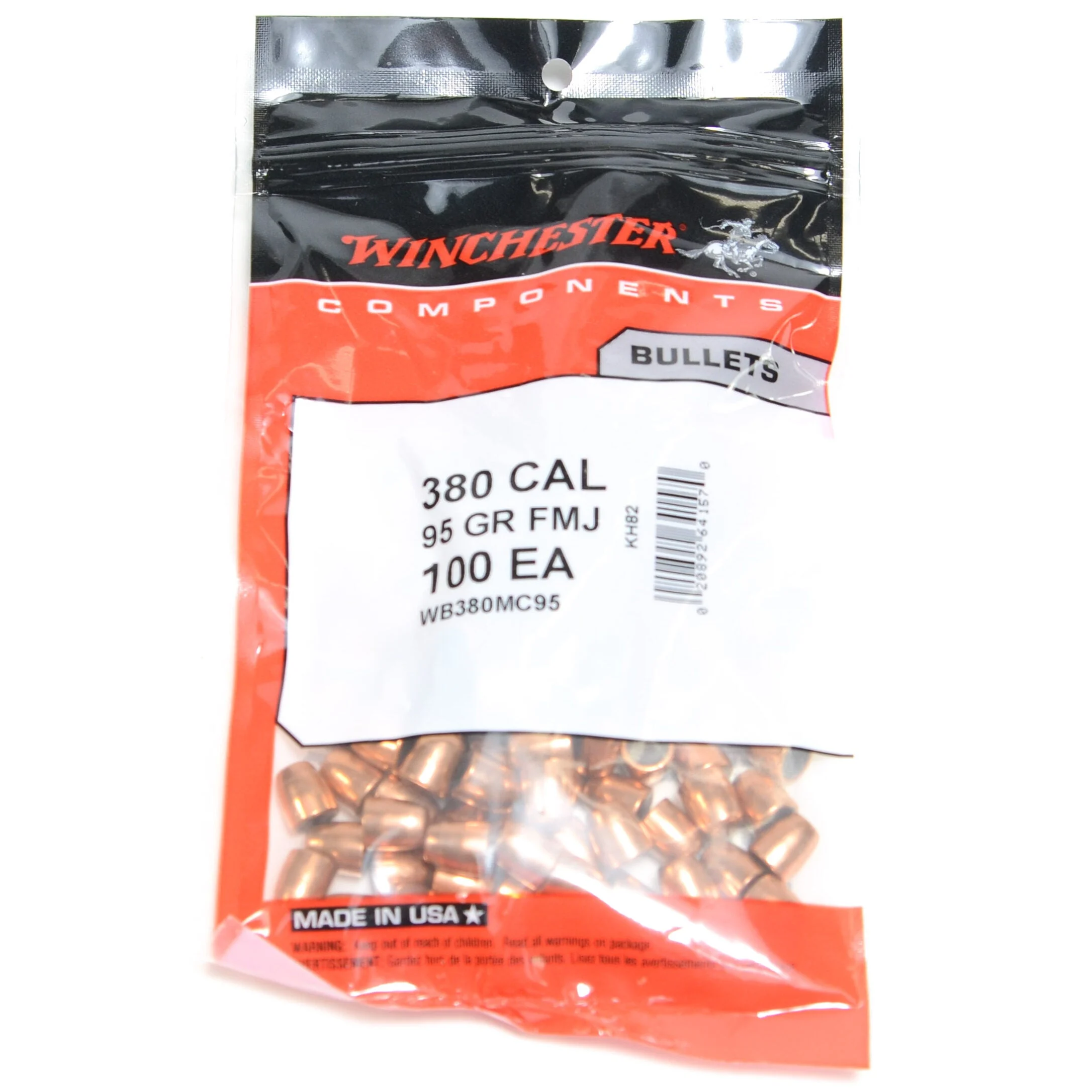 Winchester .356 Diameter 95 Grain Full Metal Jacket 100 Count Bullets (380 ACP)